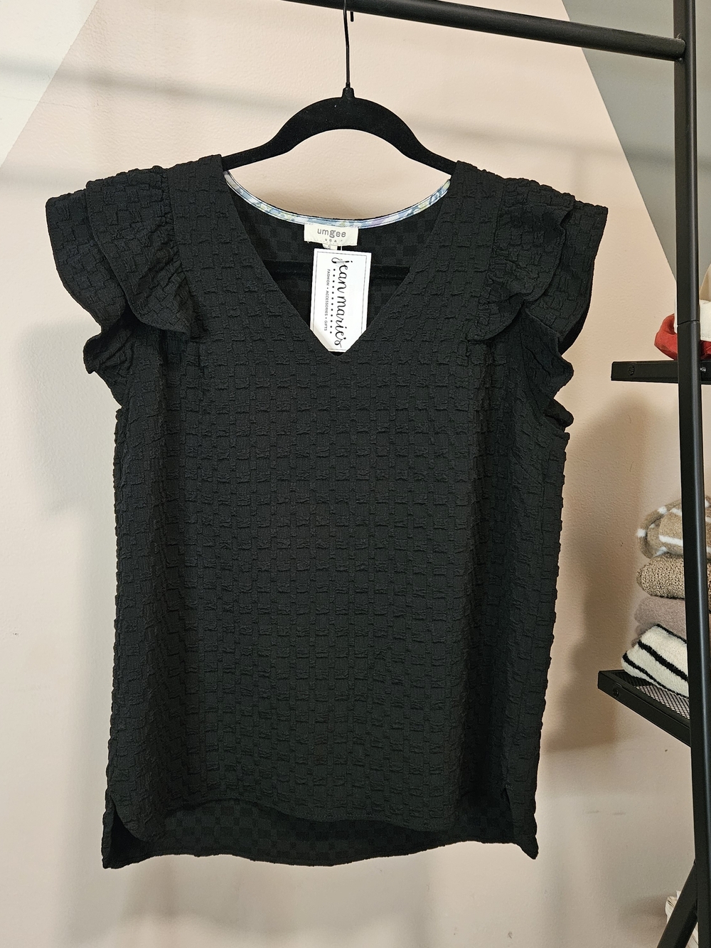Umgee Black Ruffle Sleeve V-Neck Top